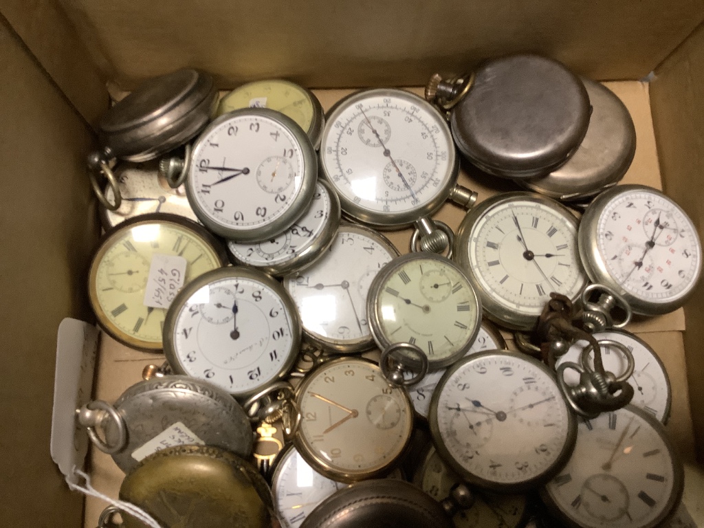 A collection of assorted mainly base metal but includes white metal pocket watches, stopwatches etc. including Longines, Hebdomas and Zenith.